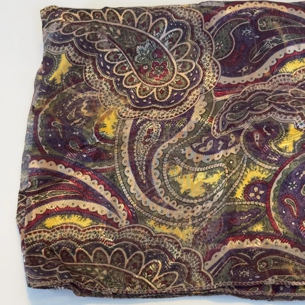Vintage Paisley Sheer Square Scarf Purple‎ Gold Metallic Silk Feel Neckerchief